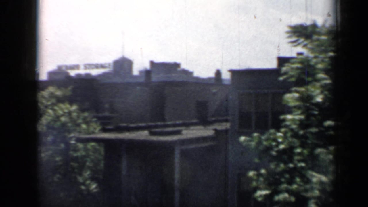 Brick buildings and trees pass behind a dark vertical train-window frame.