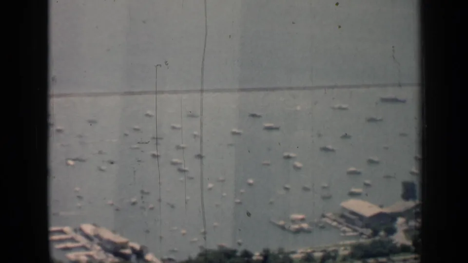 Elevated 1958 Chicago waterfront view with many small boats, a pier and building near the shore, trees, and a long distant pier line.