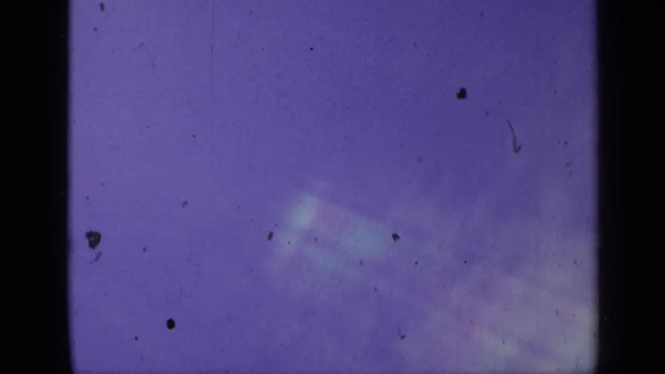 Colorado 1959 home-movie frame with a purple cast, film dust, and part of a chain-link zoo enclosure at the right edge.
