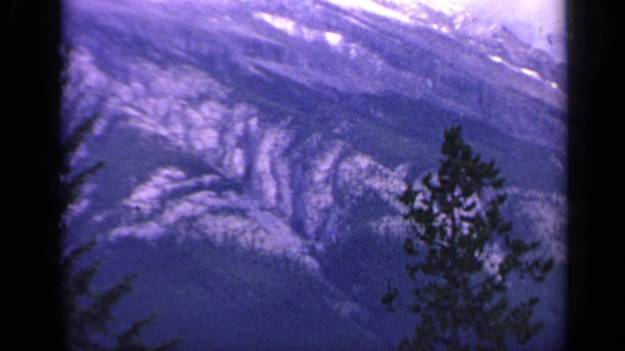 1959 Colorado 8mm frame showing blue-tinted ridges, snow patches, and dark foreground pine branches.