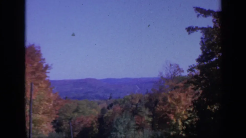 1959 Colorado scenic frame showing fall trees, a distant ridgeline, blue sky, and a small dark speck crossing the film image.