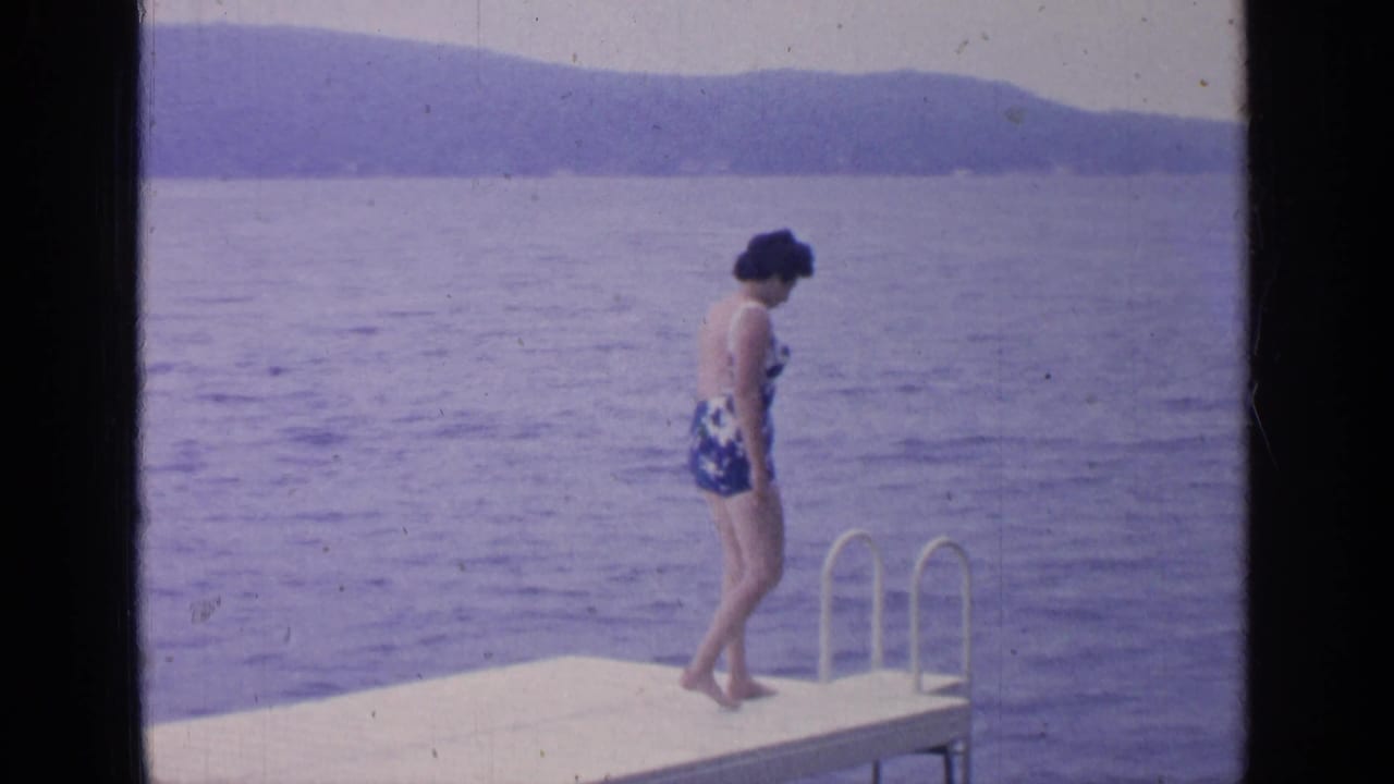 Woman in a patterned swimsuit stands near a dock ladder beside a lake.