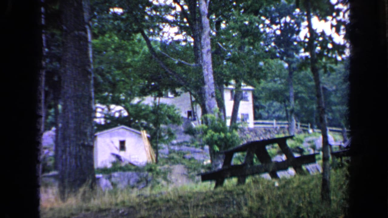 1964 Greenwood Lake frame with dark tree trunks framing a picnic table, small cabin, rustic fence, grass, and a house behind it.