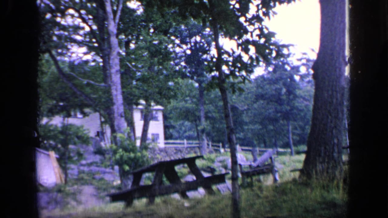 1964 Greenwood Lake frame looking through trees toward weathered picnic tables and a small pale house or outbuilding in the woods.