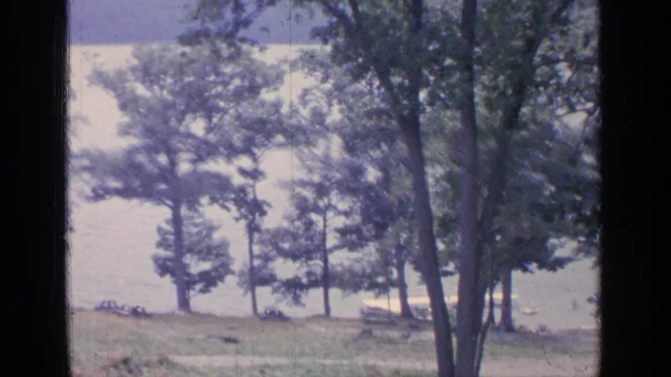 Greenwood Lake, New York in 1964, with trees along a grassy shore and small distant cars near the waterline.