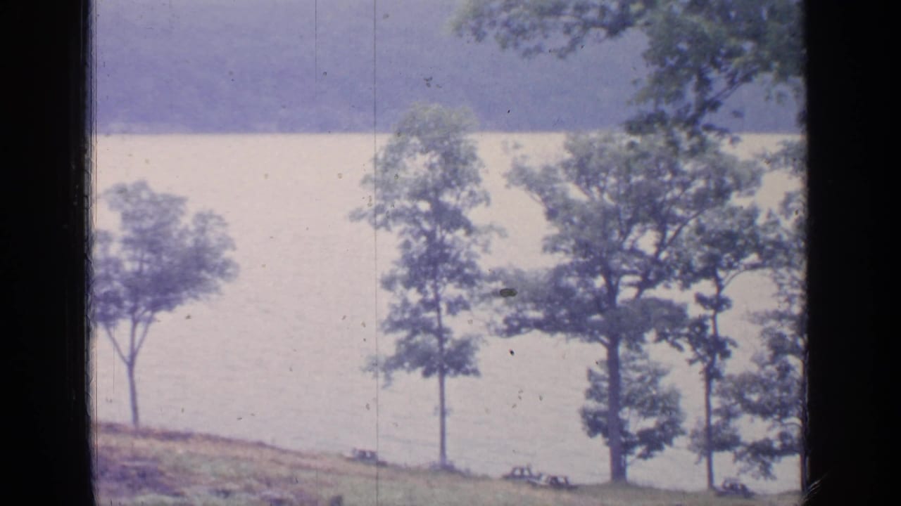 1964 Greenwood Lake home-movie frame showing foreground trees, a sloping shore, calm pale water, and hazy wooded hills.