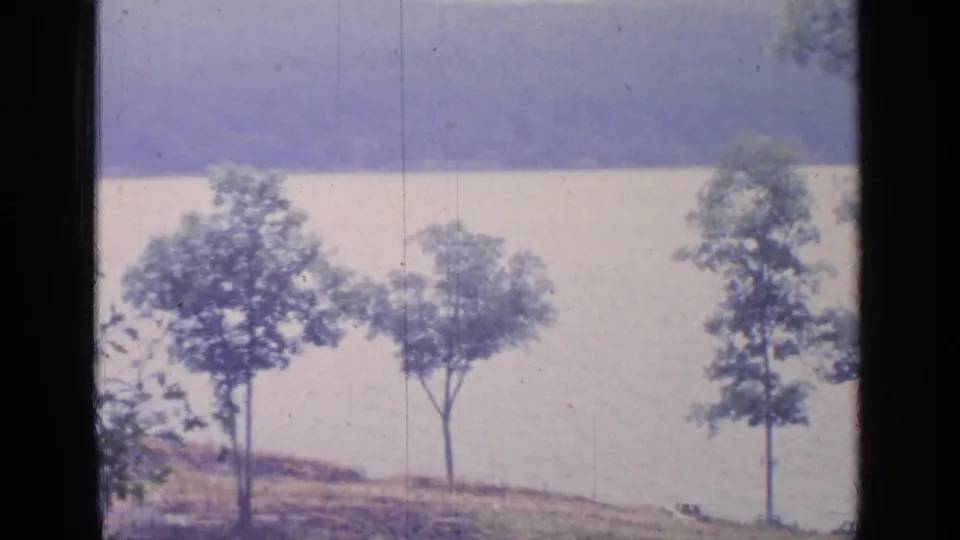 1964 Greenwood Lake home-movie frame showing leafy foreground trees, a sloped bank, pale water, and a muted wooded hillside.