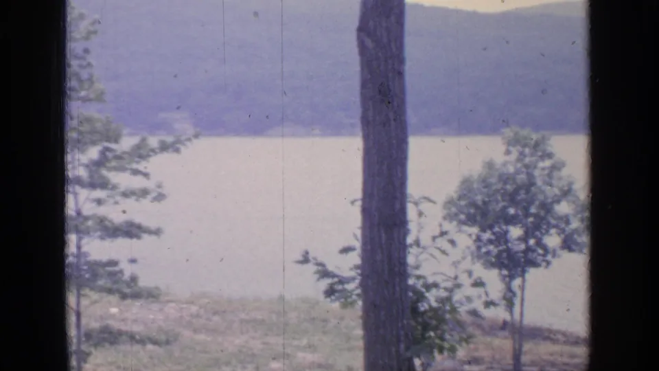 Faded 8mm frame of Greenwood Lake with shoreline grass, a large foreground trunk, small trees, pale water, and distant wooded hills.