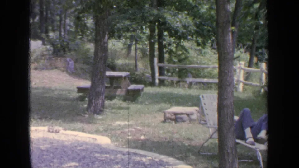 1964 Greenwood Lake backyard view with picnic table, split-rail fence, fire pit, trees, and the seated woman partly cropped at right.