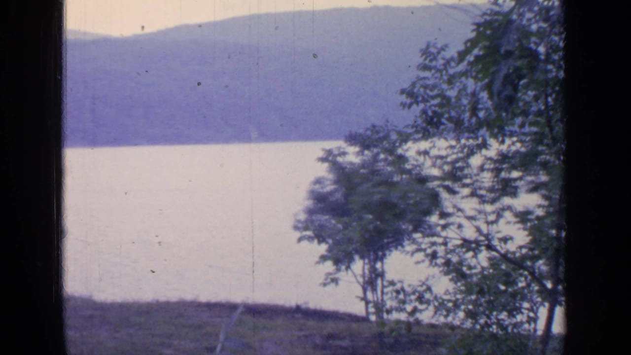 1964 Greenwood Lake frame with shoreline trees silhouetted against pale water and a hazy hillside across the lake.