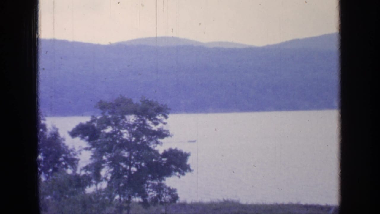 1964 Greenwood Lake landscape with a leafy tree near shore, pale water, purple-hued mountains, and visible 8mm film wear.