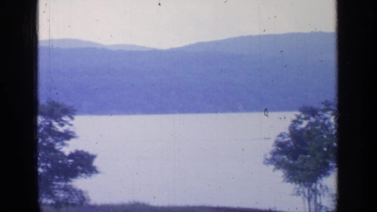 Lake surface, distant mountain ridge, and trees framed by dark vertical edges.