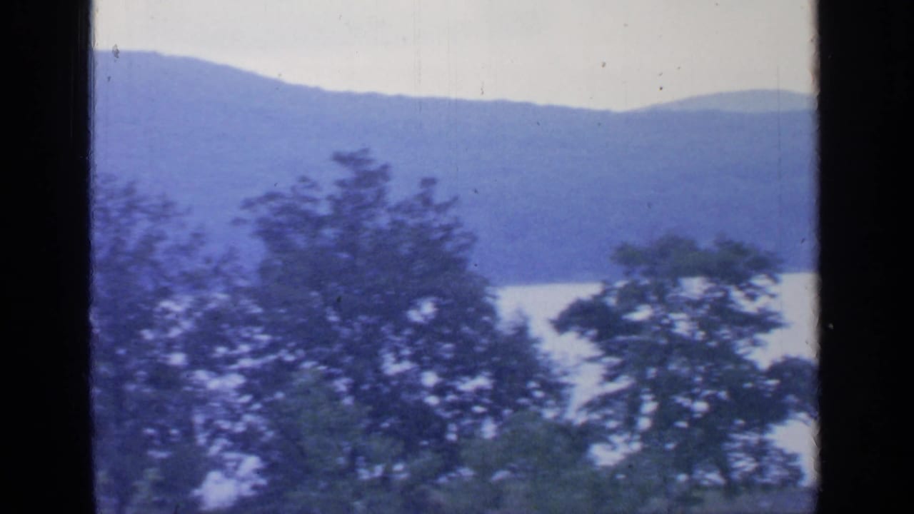 1964 Greenwood Lake view with calm water, wooded hills, pale sky, and dark tree silhouettes in the foreground.
