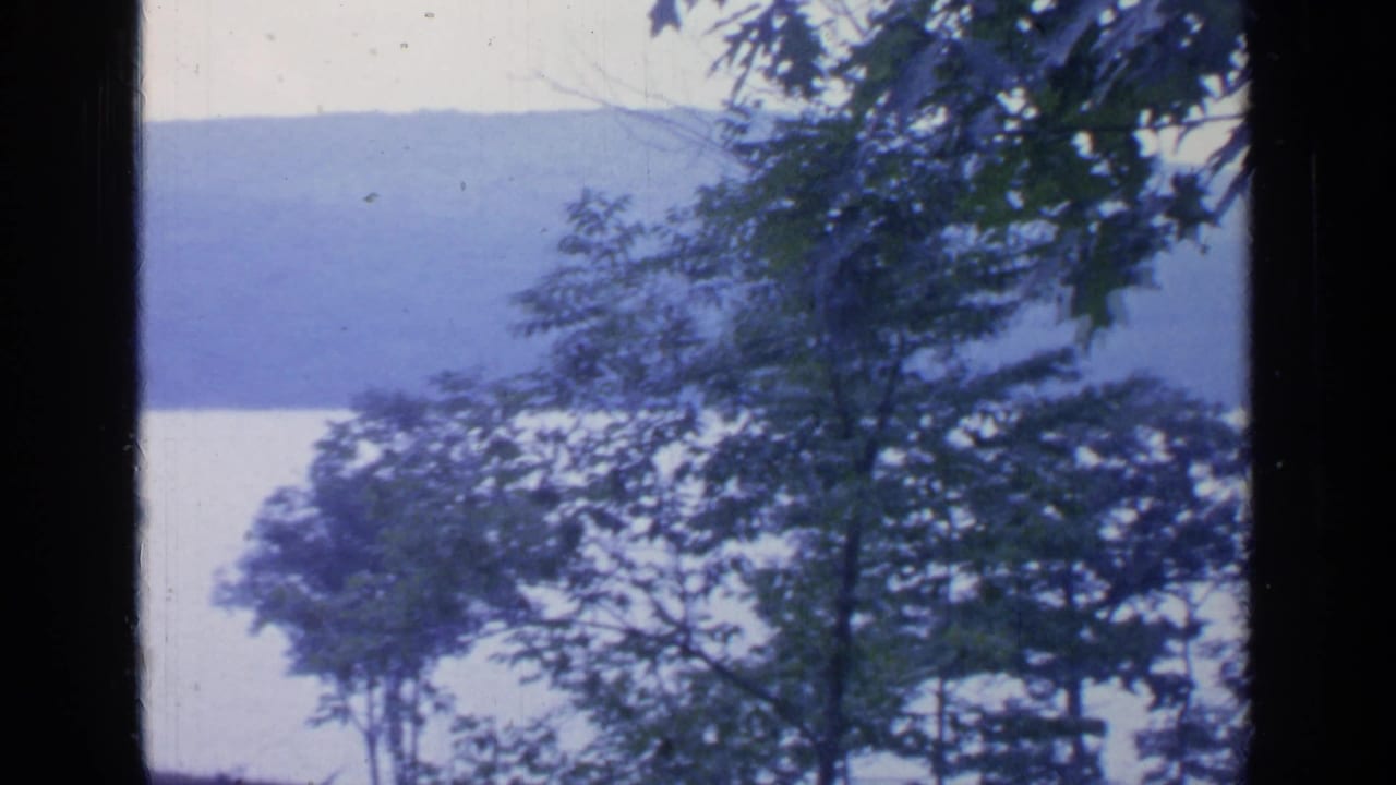 1964 Greenwood Lake view through dark framing, with trees in the foreground and a calm lake and wooded hills in the distance.