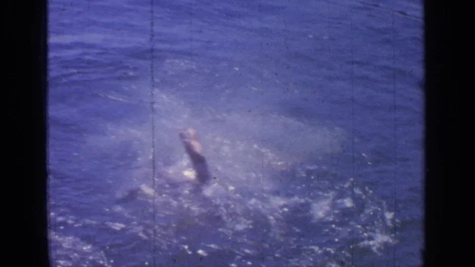 The man is mostly obscured by splashing water as he moves through the lake in faded 1964 home-movie footage.