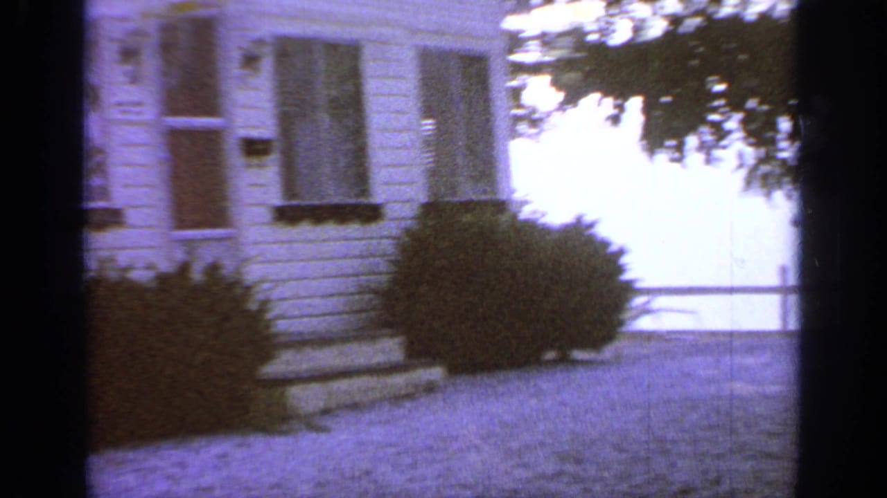 White house with front steps, shrubs, trees, gravel yard, and lake beyond.