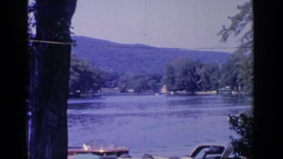 1964 Greenwood Lake view through tree trunks, with calm water, wooded hills, parked cars, and small boats near a dock.