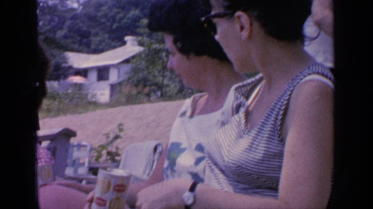 Two women in summer clothing sit near the lake, one wearing sunglasses, with a cottage and trees in the background.