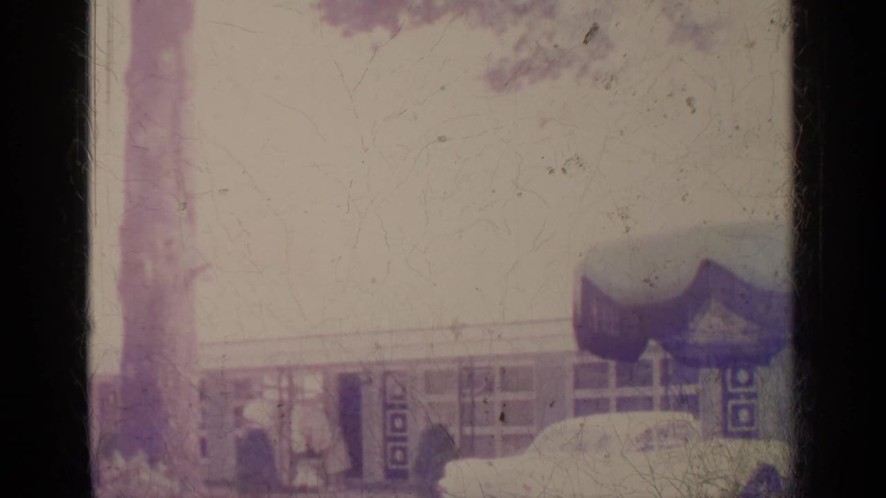 Two adults standing near trees and a low building in faded 8mm footage.