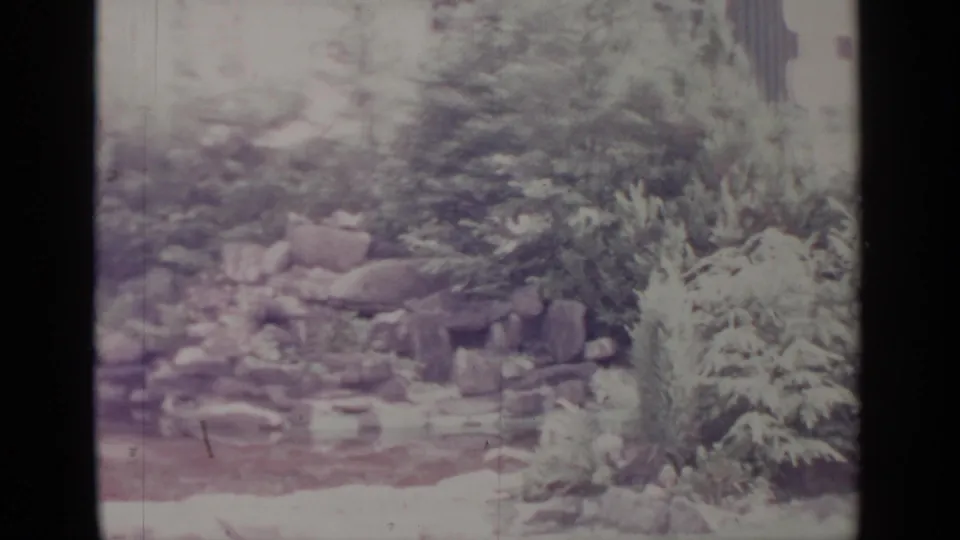 Greenwood Lake 1964 home-movie frame with stonework, shrubs, and a low garden feature in a residential yard.