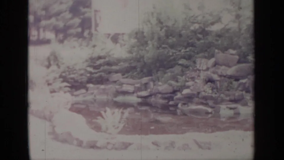1964 Greenwood Lake home-movie still showing a landscaped pond with rocks, greenery, and a pale path edge.