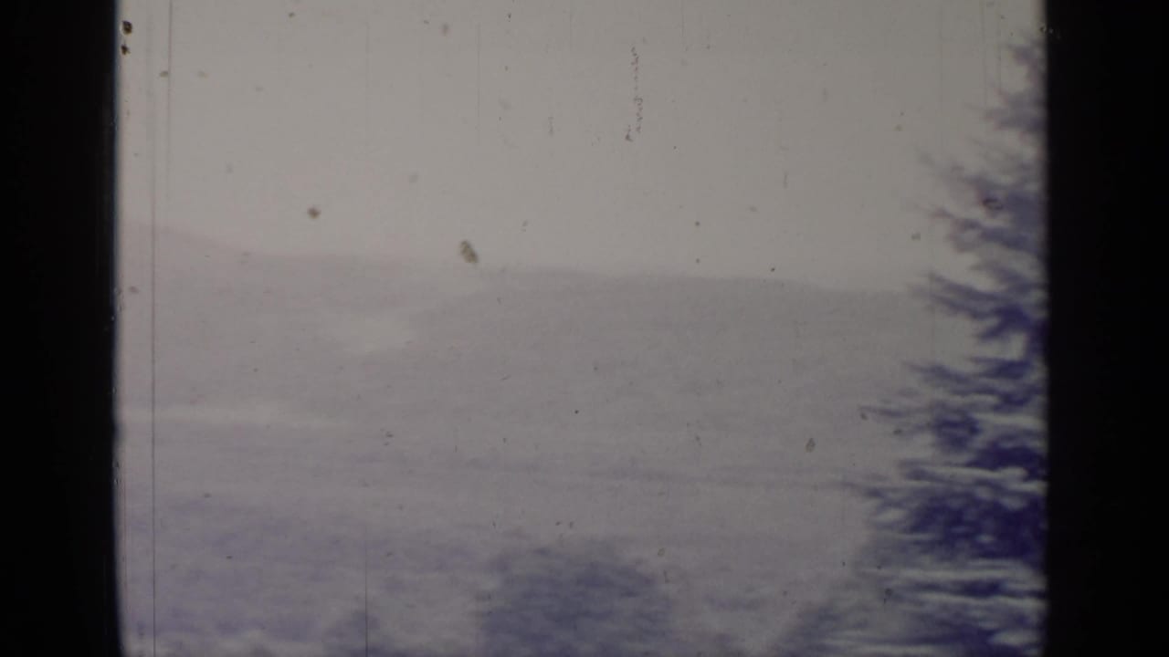 Snowy pine tree and hazy hills seen through dark film-frame edges.