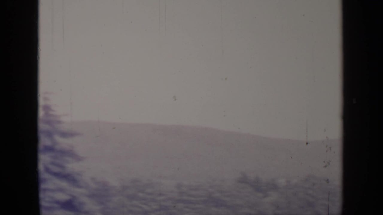 1964 Greenwood Lake home-movie frame with evergreen trees, snow cover, and soft distant hills under an overcast sky.