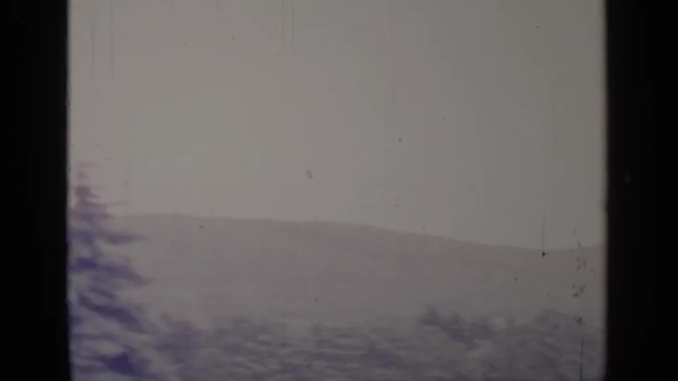 1964 Greenwood Lake home-movie frame with evergreen trees, snow cover, and soft distant hills under an overcast sky.