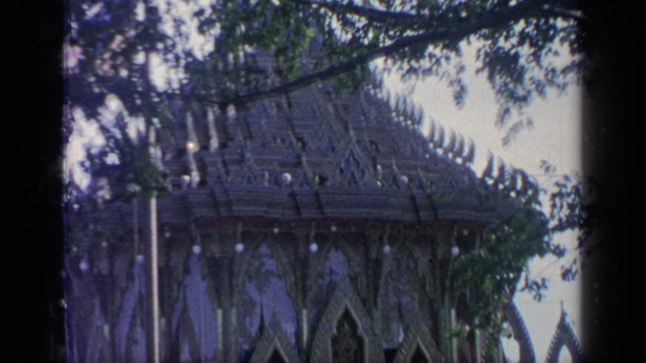 Close view of ornate pavilion roof and carved wall details behind trees.