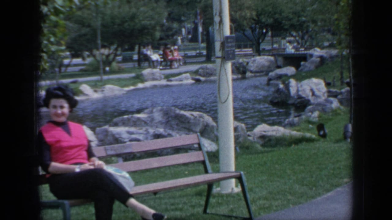 Woman seated on a park bench near a pond and rocks.