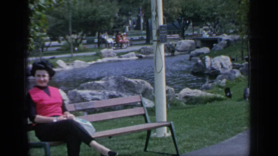 At Flushing Meadows in 1964, a woman in a red top sits on a bench beside a landscaped pond and rocks.