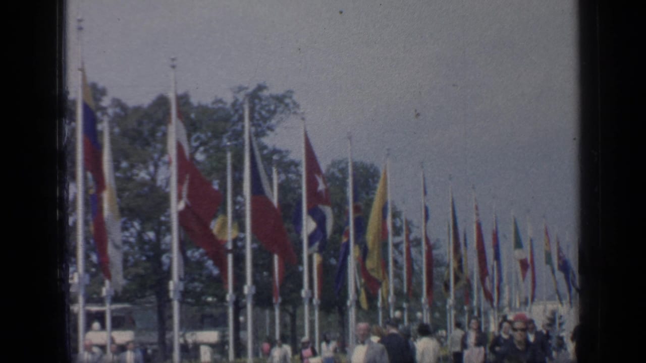 Rows of international flags on poles with visitors walking below at a fairground.