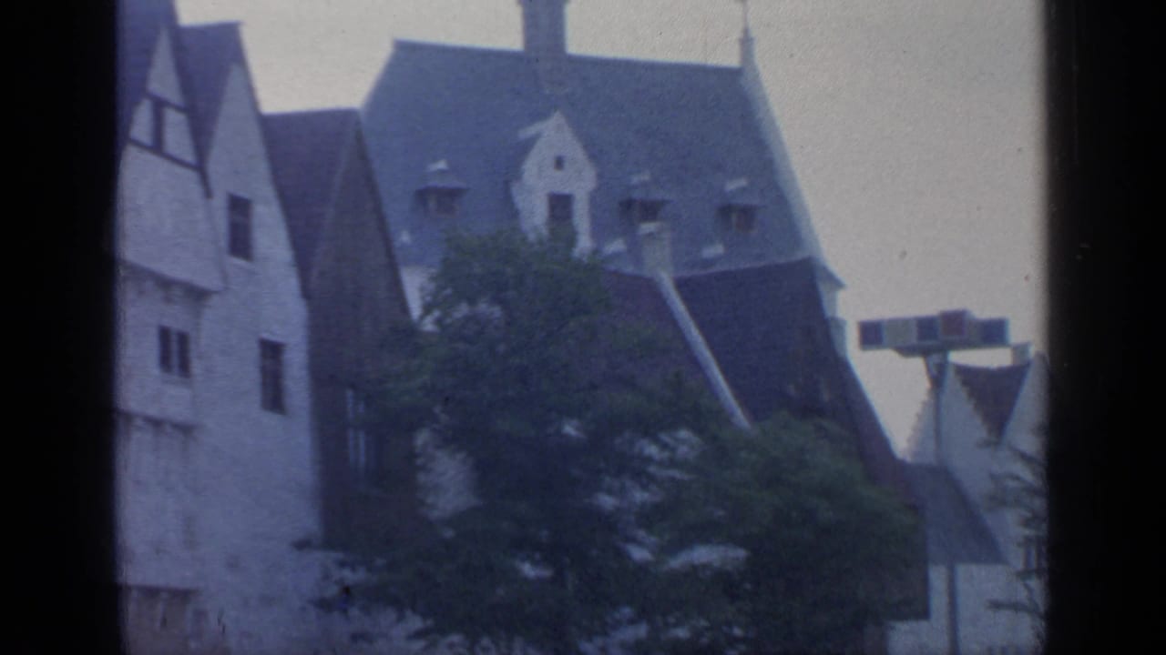 Steep-roof buildings and trees seen across a fairground walkway.