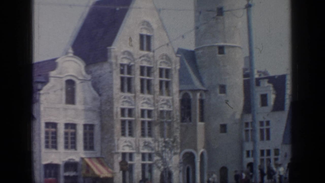 Ornate pale building facades and a round tower seen through a soft 8mm frame.