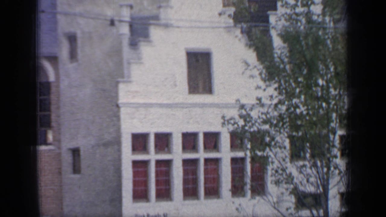 Building facade with red windows partly obscured by trees and a dark vertical film edge.