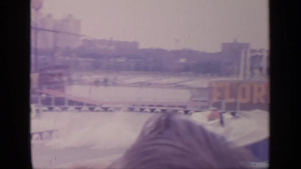 The handheld view shifts past a large foreground obstruction toward the fairground lake and distant exhibition buildings.