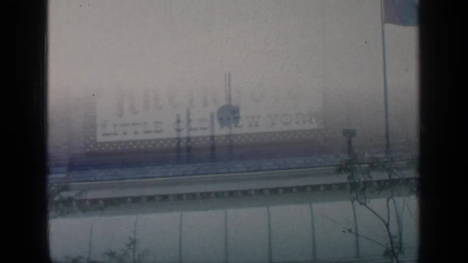 A brief 1964 Flushing Meadows World's Fair view shows the Rheingold Little Old New York sign across the fairground.