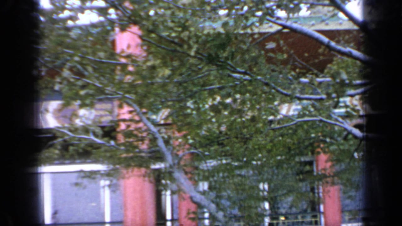 Red columns and patterned eaves partly obscured by leafy branches.