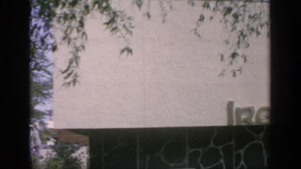 1964 Flushing Meadows frame showing raised Ireland lettering on a pale pavilion wall with leaves across the top edge.