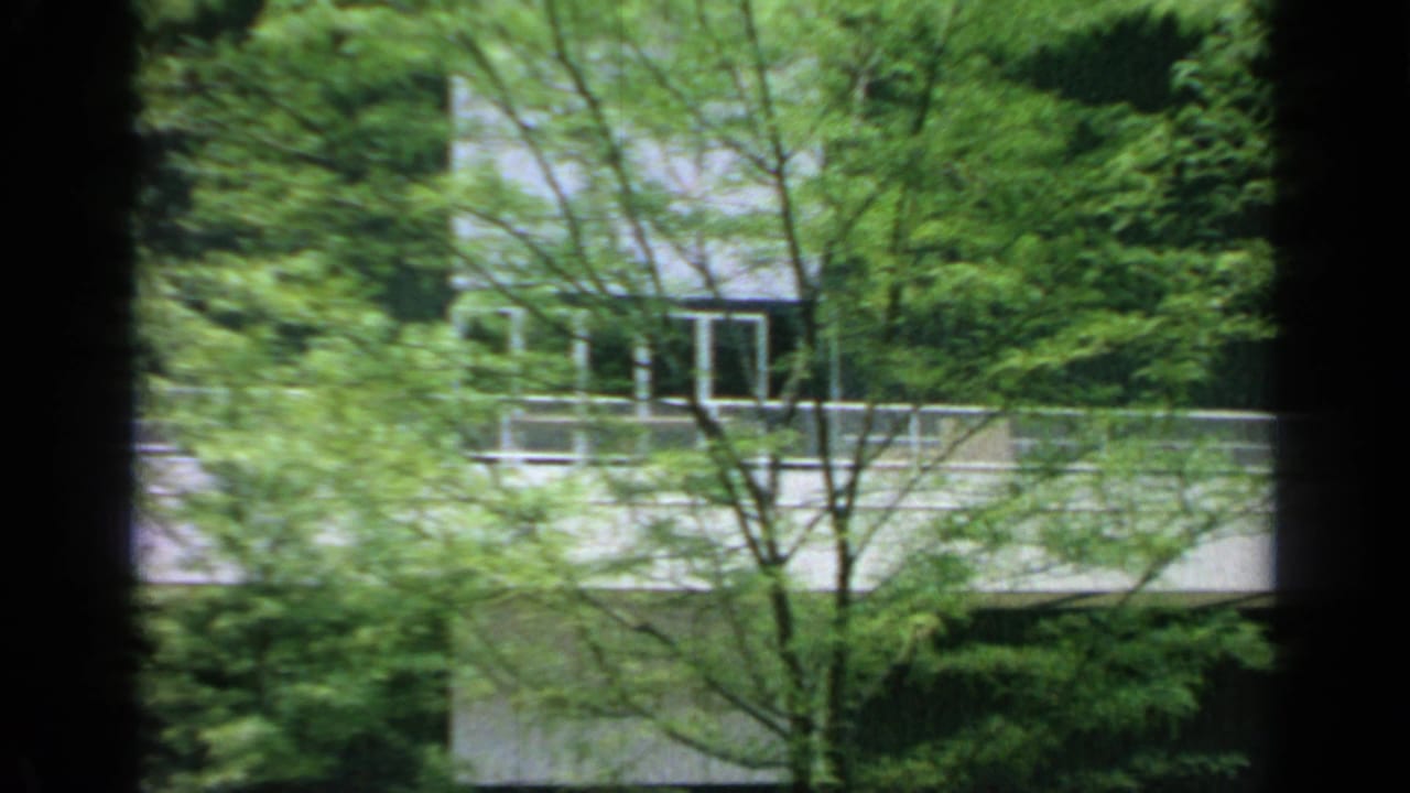 1964 Flushing Meadows World's Fair exterior seen through trees, with a white facade, railings, and dark window bands.