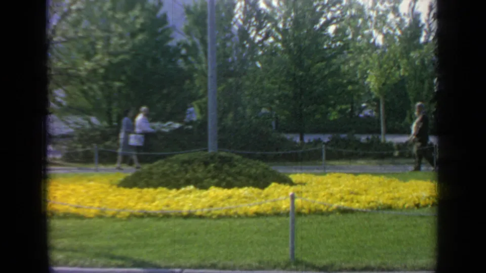 Landscaped Flushing Meadows grounds with yellow flowerbeds, green lawn, trees, and visitors walking in sunlight.