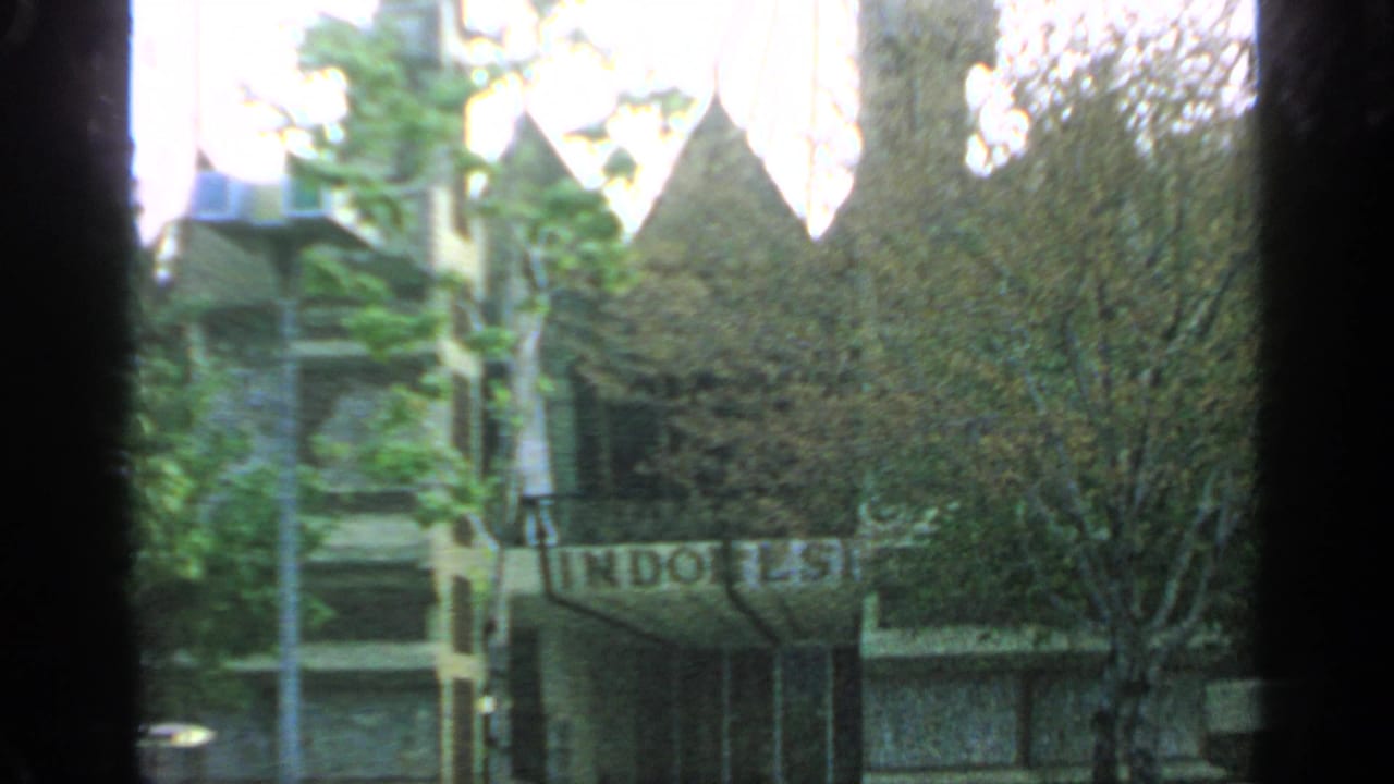 Indonesia Pavilion facade partly hidden by trees, with signage and roof peaks visible.