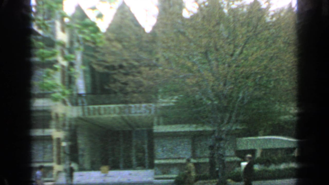 Tree-lined pavilion area with an Indonesia sign partly visible behind dark film gate edges.