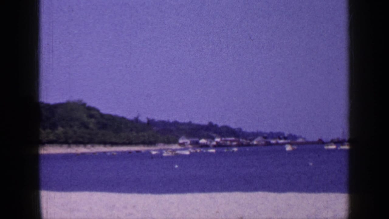 Long Island waterfront scene from 1965 showing anchored small boats, a sandy foreground, distant trees, and low shoreline structures.