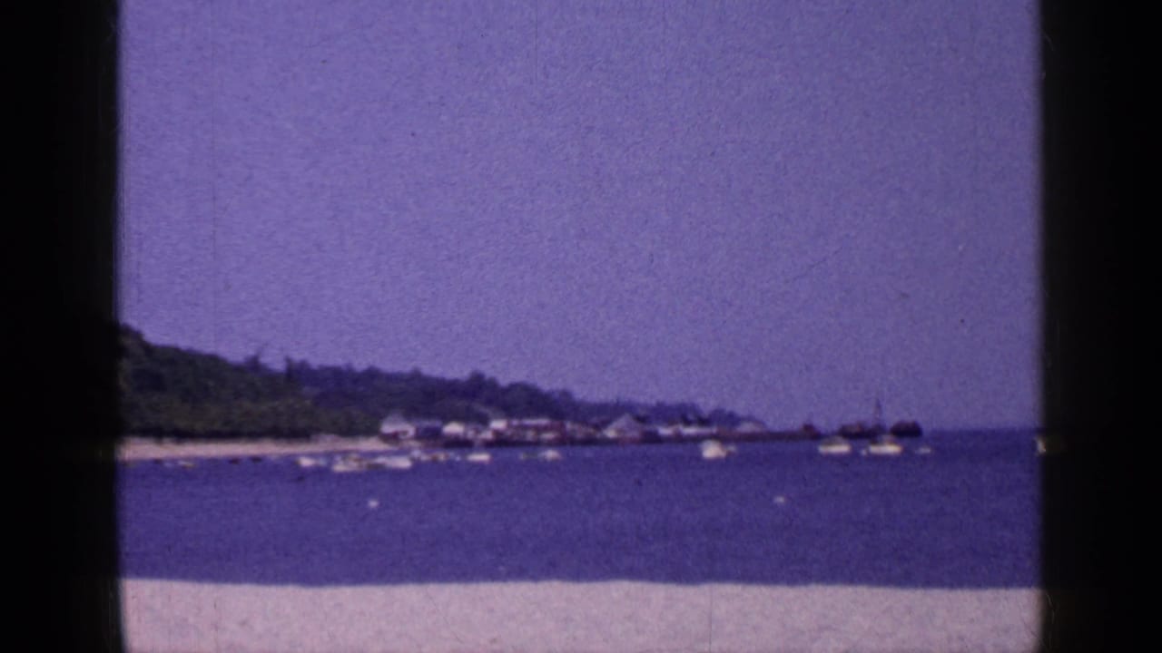 1965 8mm view of a Long Island sandy shoreline and calm bay with small boats near a wooded coastal edge.