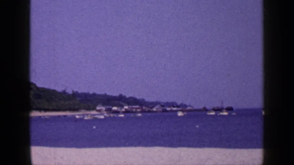 1965 8mm view of a Long Island sandy shoreline and calm bay with small boats near a wooded coastal edge.