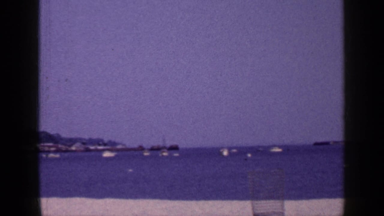 Wide harbor view with scattered boats, low shoreline, and dark film border.