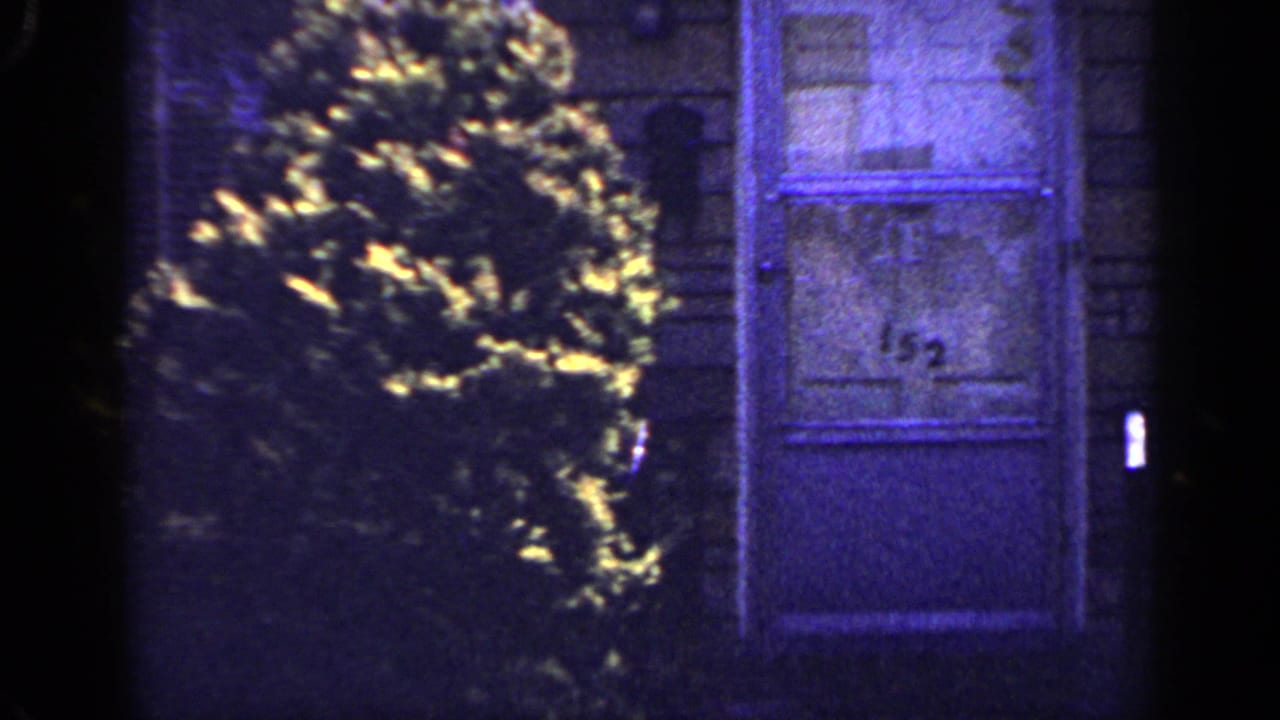 Dim 1965 Long Island residential exterior with leafy shrubs beside a front door marked 152, rendered with blue-shifted 8mm grain.