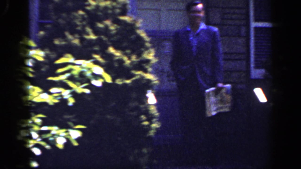 A suited adult man with a newspaper is framed near dense greenery and a residential facade in 1965 Long Island footage.
