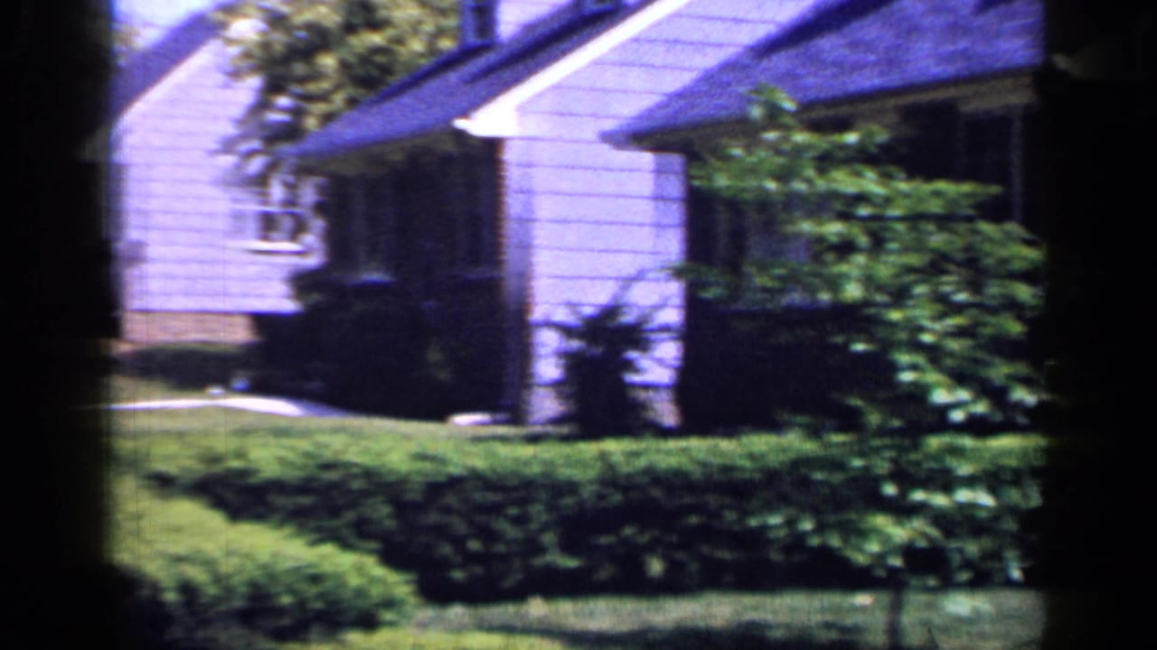 1965 Long Island residential view with small houses, trimmed hedges, green lawns, and a walkway visible between properties.